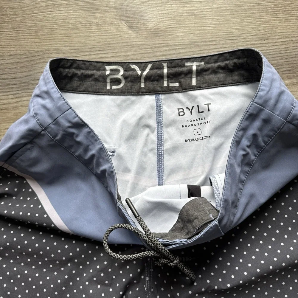 BYLT Coastal Board Shorts Blue‎ Black Dot Lightweight Pockets Swim Mens L